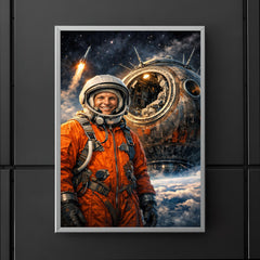 Yuri Gagarin suited beside Vostok capsule poster 5