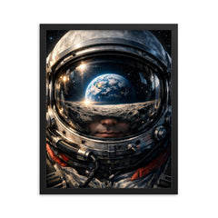 Yuri Gagarin visor reflection of Earthrise framed print on a plain backdrop in size 16"x20".