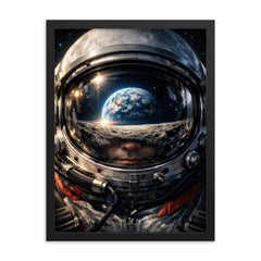 Yuri Gagarin visor reflection of Earthrise framed print on a plain backdrop in size 18"x24".