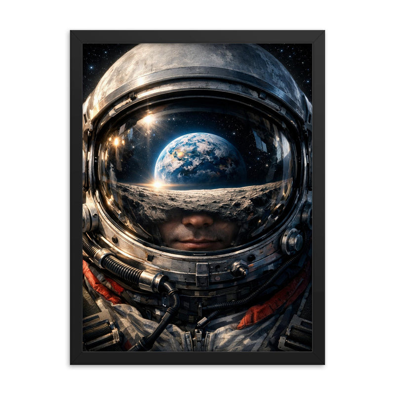 Yuri Gagarin visor reflection of Earthrise framed print on a plain backdrop in size 18