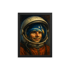 Yuri Gagarin visor reflection portrait framed print on a plain backdrop in size 12"x16".