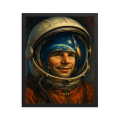 Yuri Gagarin visor reflection portrait framed print on a plain backdrop in size 16"x20".