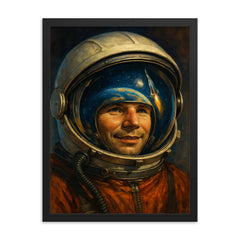 Yuri Gagarin visor reflection portrait framed print on a plain backdrop in size 18"x24".