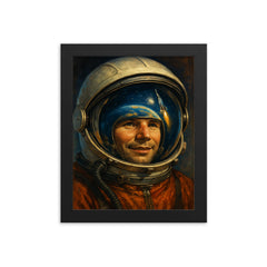 Yuri Gagarin visor reflection portrait framed print on a plain backdrop in size 8"x10".
