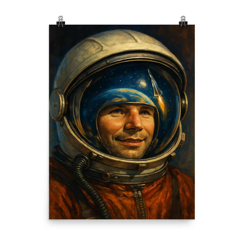 Yuri Gagarin visor reflection portrait poster on a plain backdrop in size 8