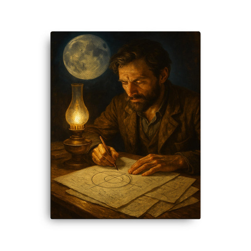 Yuri Kondratyuk moon route calculations by lamp canvas print on a plain backdrop in size 16