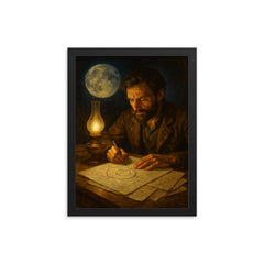 Yuri Kondratyuk moon route calculations by lamp framed print on a plain backdrop in size 12"x16".