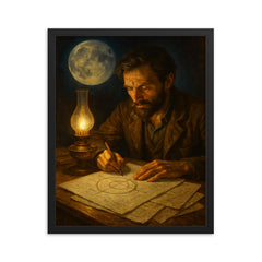 Yuri Kondratyuk moon route calculations by lamp framed print on a plain backdrop in size 16"x20".