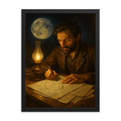 Yuri Kondratyuk moon route calculations by lamp framed print on a plain backdrop in size 18"x24".