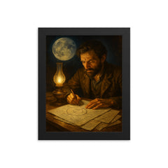 Yuri Kondratyuk moon route calculations by lamp framed print on a plain backdrop in size 8"x10".
