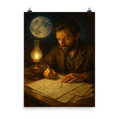 Yuri Kondratyuk moon route calculations by lamp poster on a plain backdrop in size 8"x10".