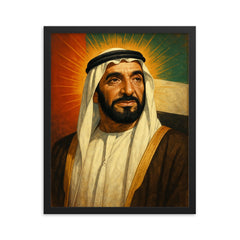 Zayed bin Sultan Al Nahyan framed print on a plain backdrop in size 16"x20".