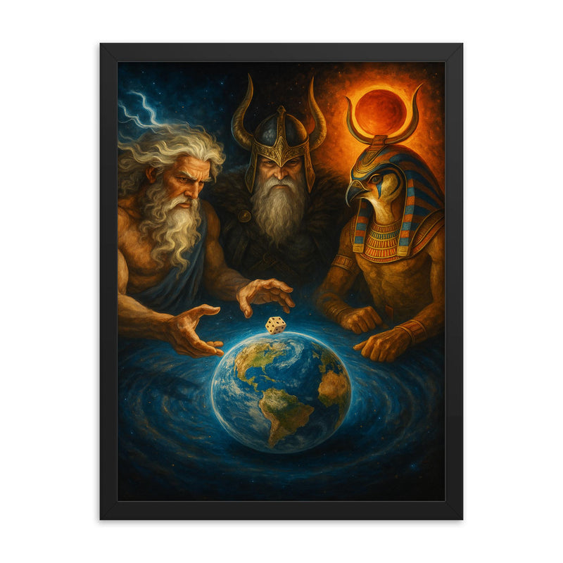 Zeus Odin and Ra rolling dice for ownership of Earth framed print on a plain backdrop in size 18