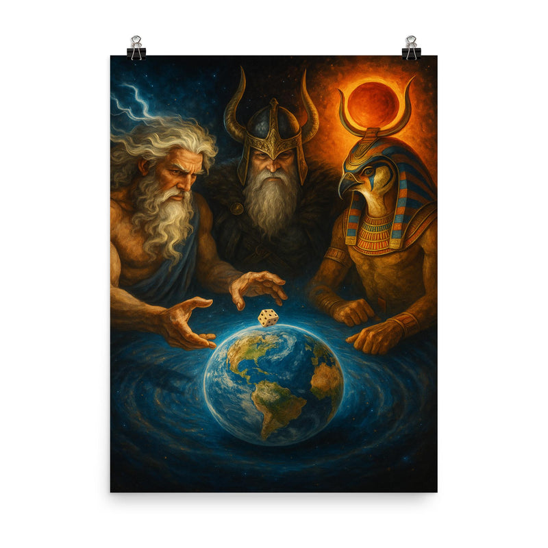 Zeus Odin and Ra rolling dice for ownership of Earth poster on a plain backdrop in size 8