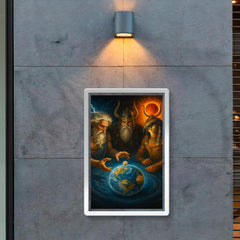 Zeus Odin and Ra rolling dice for ownership of Earth poster 2