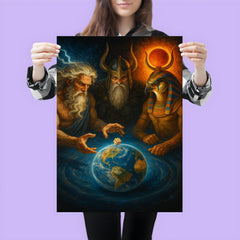 Zeus Odin and Ra rolling dice for ownership of Earth poster 3