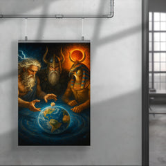 Zeus Odin and Ra rolling dice for ownership of Earth poster 4
