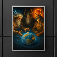 Zeus Odin and Ra rolling dice for ownership of Earth poster 5