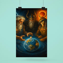 Zeus Odin and Ra rolling dice for ownership of Earth poster 6