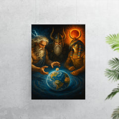 Zeus Odin and Ra rolling dice for ownership of Earth poster 7