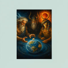 Zeus Odin and Ra rolling dice for ownership of Earth poster 8