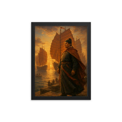 Zheng He treasure fleet departure framed print on a plain backdrop in size 12"x16".