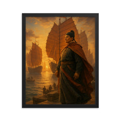 Zheng He treasure fleet departure framed print on a plain backdrop in size 16"x20".