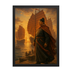 Zheng He treasure fleet departure framed print on a plain backdrop in size 18"x24".