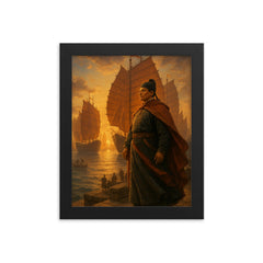 Zheng He treasure fleet departure framed print on a plain backdrop in size 8"x10".