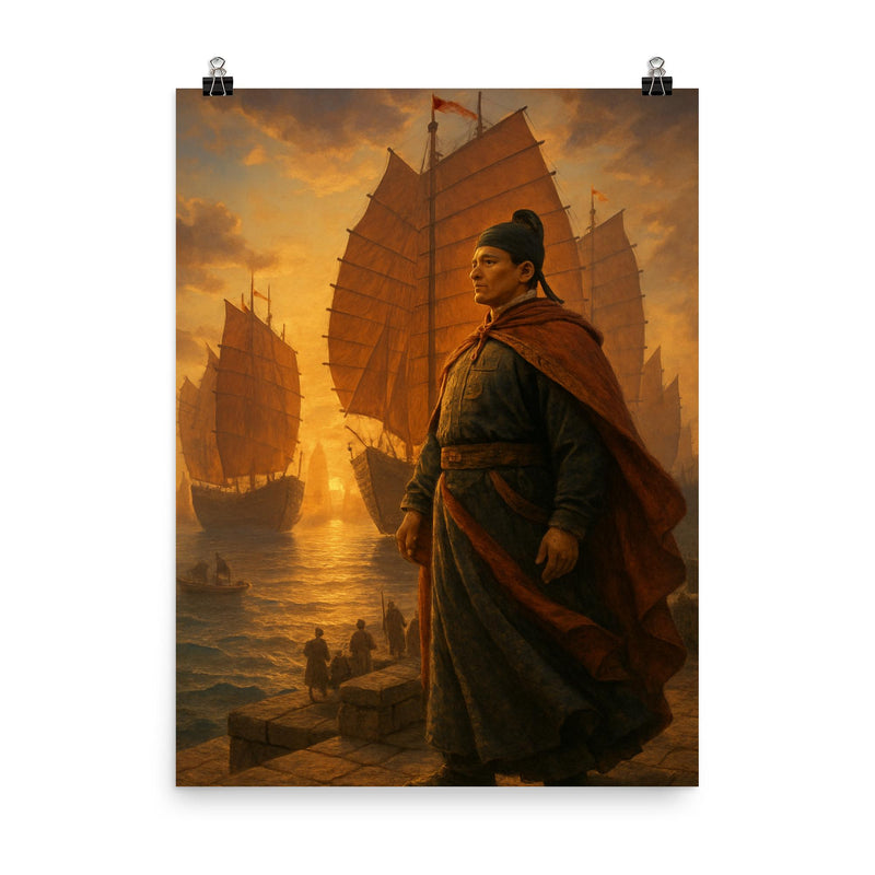 Zheng He treasure fleet departure poster on a plain backdrop in size 8