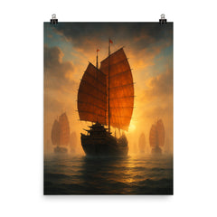 Zheng He treasure fleet emerging from misted horizon poster on a plain backdrop in size 8"x10".