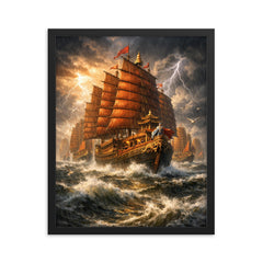 Zheng He treasure fleet in monsoon grandeur framed print on a plain backdrop in size 16"x20".