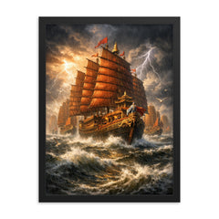 Zheng He treasure fleet in monsoon grandeur framed print on a plain backdrop in size 18"x24".