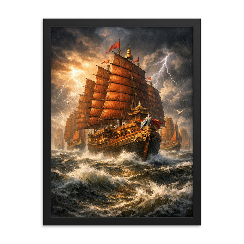 Zheng He treasure fleet in monsoon grandeur framed print on a plain backdrop in size 18