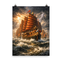 Zheng He treasure fleet in monsoon grandeur poster on a plain backdrop in size 8"x10".