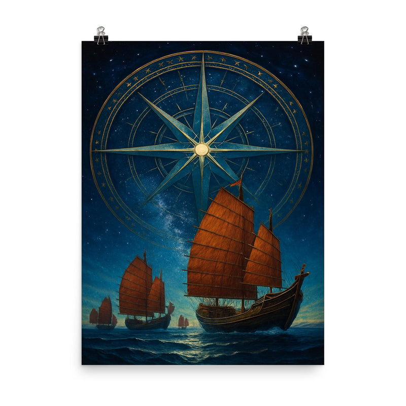 Zheng He treasure fleet under star compass poster on a plain backdrop in size 8