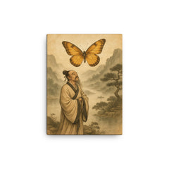 Zhuangzi dreaming butterfly over river mist canvas print on a plain backdrop in size 12"x16".