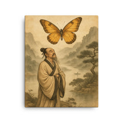 Zhuangzi dreaming butterfly over river mist canvas print on a plain backdrop in size 16"x20".