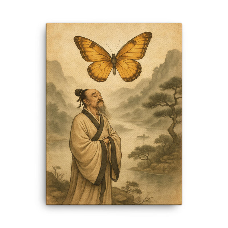 Zhuangzi dreaming butterfly over river mist canvas print on a plain backdrop in size 18