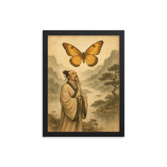 Zhuangzi dreaming butterfly over river mist framed print on a plain backdrop in size 12"x16".