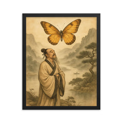 Zhuangzi dreaming butterfly over river mist framed print on a plain backdrop in size 16"x20".