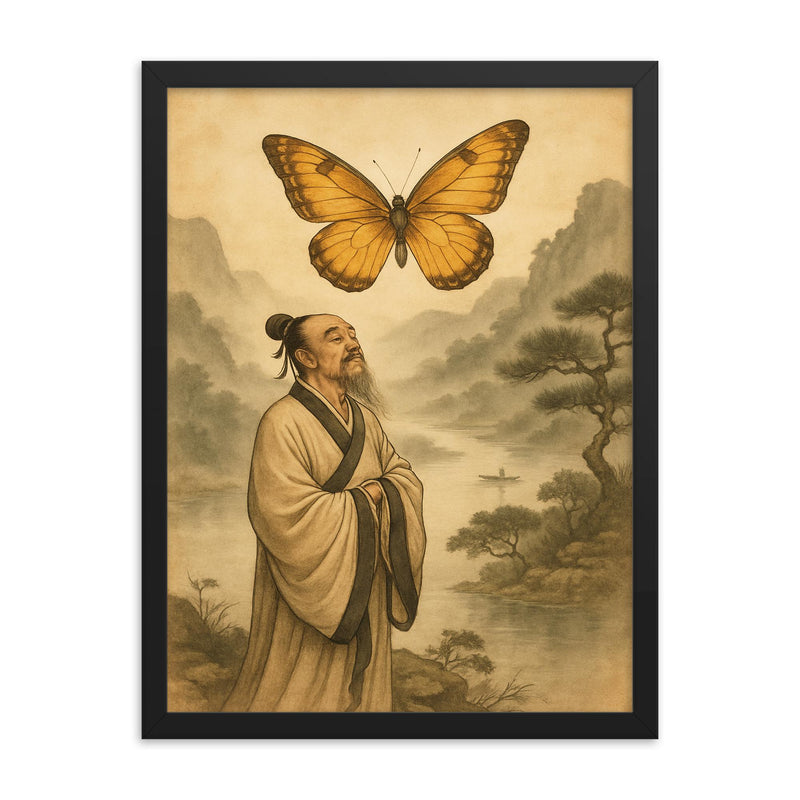 Zhuangzi dreaming butterfly over river mist framed print on a plain backdrop in size 18