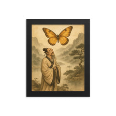 Zhuangzi dreaming butterfly over river mist framed print on a plain backdrop in size 8"x10".