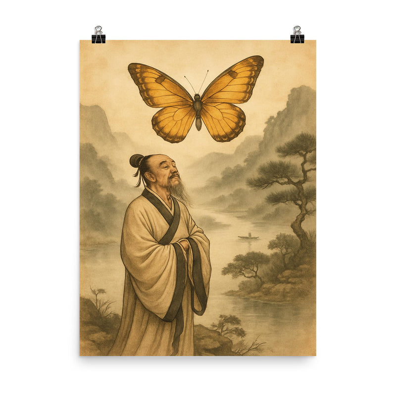 Zhuangzi dreaming butterfly over river mist poster on a plain backdrop in size 8