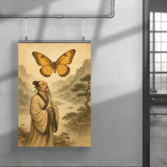 Zhuangzi dreaming butterfly over river mist poster 4