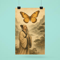 Zhuangzi dreaming butterfly over river mist poster 6