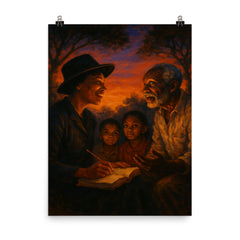 Zora Neale Hurston collecting folktales at dusk poster on a plain backdrop in size 8"x10".