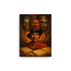 Zora Neale Hurston folkloric masks and manuscripts canvas print on a plain backdrop in size 12"x16".