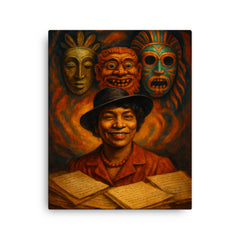Zora Neale Hurston folkloric masks and manuscripts canvas print on a plain backdrop in size 16"x20".