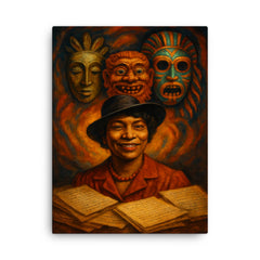 Zora Neale Hurston folkloric masks and manuscripts canvas print on a plain backdrop in size 18"x24".